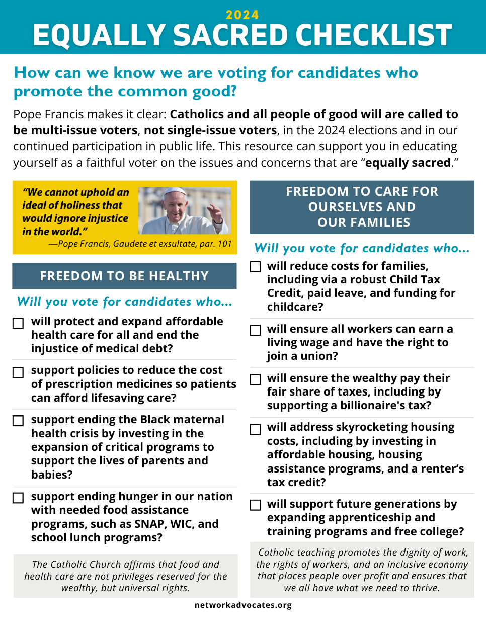 Equally Sacred Multi-issue Voter Checklist in Lg. Print English